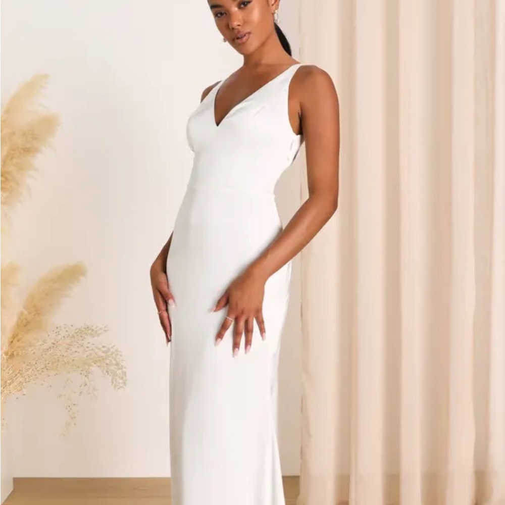 Lulu’s Polished Perfection White Satin Sleeveless Mermaid Maxi Dress